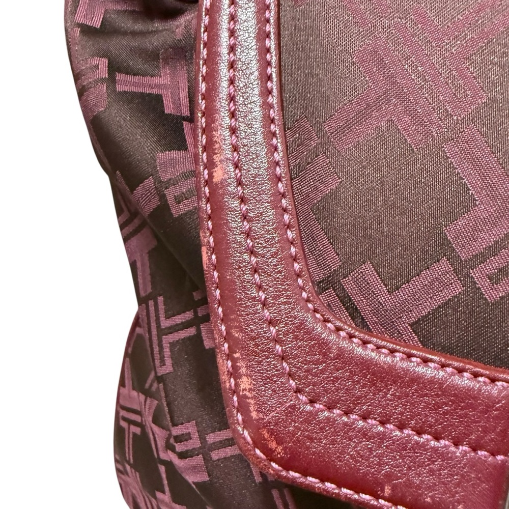 Tumi Burgundy Monogram Nylon Backpack Tote Leather Trim Travel Bag Medium - Picture 7 of 13